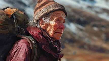 An elderly woman with grey hair and a green scarf stands on a mountain trail, showcasing the beauty of nature around her