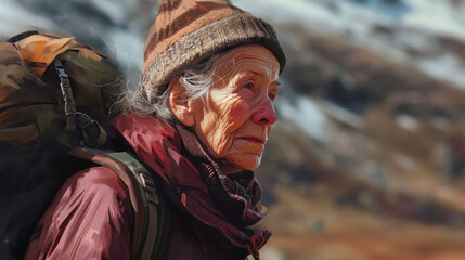 Fototapeta premium An elderly woman with grey hair and a green scarf stands on a mountain trail, showcasing the beauty of nature around her