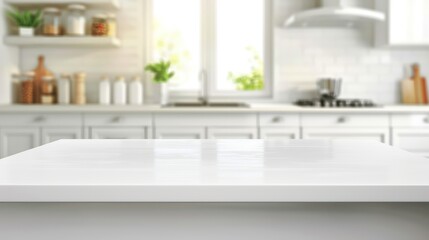 Modern empty white marble table for product display with kitchen room interior background - obrazy, fototapety, plakaty