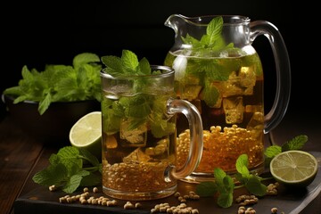 Refreshing cup of lemon and mint tea on vintage wooden table, cozy rustic atmosphere - 748167544