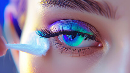 Close-up view of a womans eye showcasing blue and green eyeliner, possibly from a beauty salon visit for eyelash extensions and makeup