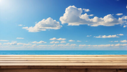 Empty wooden table for product display with a bright blue sky as a background