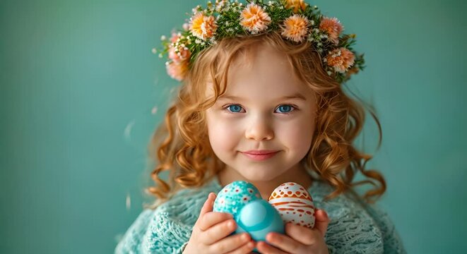 Cute little girl having fun with Easter egg in hair and decorative spring flowers. Pastel green background. Kids Easter spring costume. Happy Easter design portrait