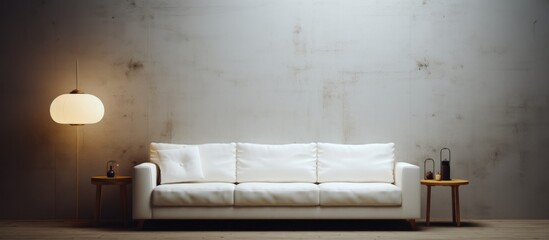A white couch is positioned next to a lamp on a table. The white sofa stands out against the wall, creating a simple and modern aesthetic.