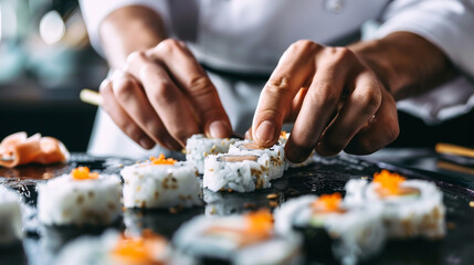 A close-up of a skilled sushi chef meticulously crafting a plate of intricate sushi rolls realistic stock photography