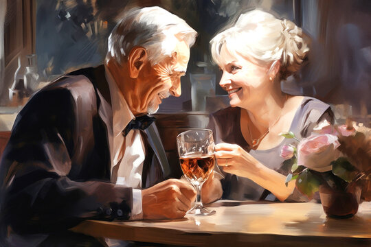 Elderly Couple Enjoying Drink Together in a Painting