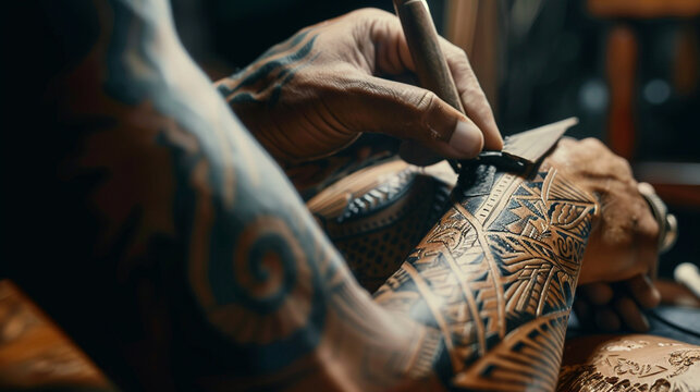 A close-up of a skilled tattoo artist creating a custom and intricate sleeve tattoo. realistic stock photography