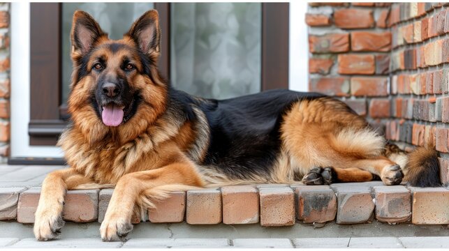 a large brown and black dog laying on top of a brick floor next to a door and a brick wall.
