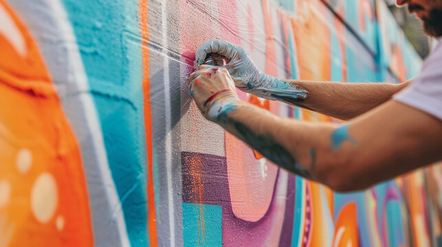 A close-up of a talented graffiti artist creating a large and colorful mural on a city wall. realistic stock photography