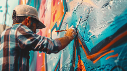 A close-up of a talented graffiti artist creating a large and colorful mural on a city wall....