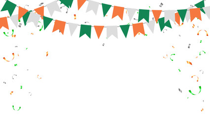 triangle pennants chain and confetti for ireland color concept. birthday party - obrazy, fototapety, plakaty