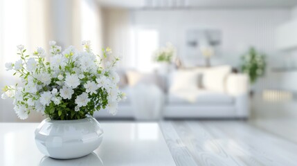 Modern white living room with sofa and furniture against a blurry bright background adorned with decorative flowers in vases. Wide panorama for background use