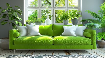 a green couch sits in front of a window with potted plants in the window sill and a rug on the floor.