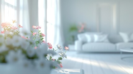 A modern white living room featuring a sofa and furniture set against a softly blurred bright backdrop, enhanced with decorative flowers in vases. Wide panorama suitable for background purposes.