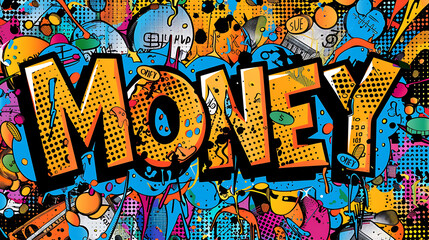 Obraz premium Vibrant Graffiti Artwork Featuring the Word ‘MONEY’ Amidst Colorful Abstract Shapes