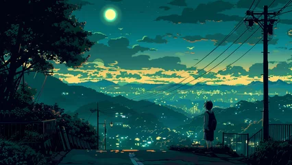 Gordijnen Pixelated Tranquility: Lo-Fi Landscape in 8-Bit Japanese Anime Style © 대연 김