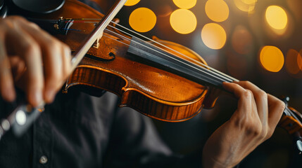 A close-up of a talented violinist playing a soulful melody during a classical concert realistic stock photography