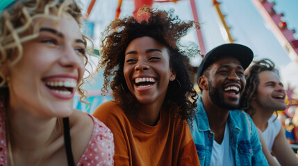 A diverse group of friends enjoying a laughter-filled day at a lively and colorful amusement park realistic stock photography