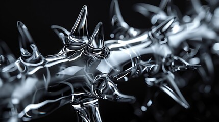Abstract glowing glass spiky sculpture on black background. Digital graphic and texture concept. 3d art illustration for wallpaper, poster, banner, design