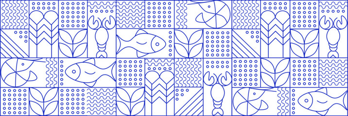 Web banner. Line geometric mosaic seamless pattern illustration. Fish and seafood geometric pattern. Natural food background creative simple, agriculture vector design. Healthy Food pattern