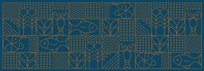 Web banner. Line geometric mosaic seamless pattern illustration. Fish and seafood geometric pattern. Natural food background creative simple, agriculture vector design. Healthy Food pattern