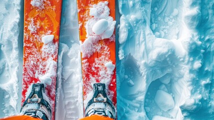 a pair of skis sitting on top of a pile of snow next to a pair of orange skis.