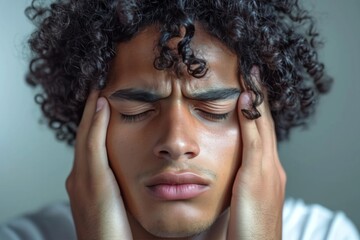 Portrait of young african american man suffering from headache. - obrazy, fototapety, plakaty