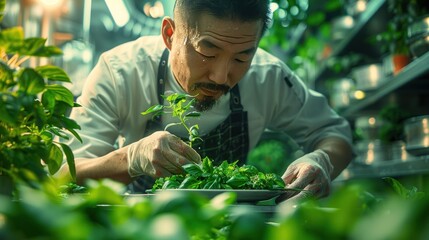 a man in a white shirt and tie trimming a plant in a room with lots of potted plants. - obrazy, fototapety, plakaty