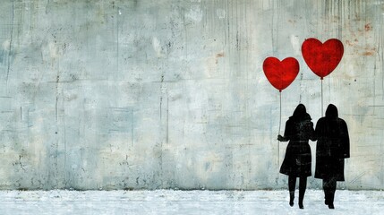 a painting of two people holding red heart shaped balloons in front of a concrete wall with a concrete wall behind them.