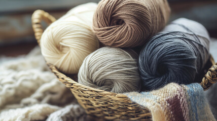 Close up images of natural wool skeins in a wicker basket. Soft natural daylight and muted colors. Wide range of knitting supplies. - obrazy, fototapety, plakaty