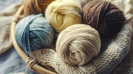 Close up images of natural wool skeins. Soft natural daylight and muted colors. Wide range of knitting supplies.