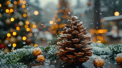 a pine cone sitting on top of a wooden table next to a christmas tree with lights in the back ground.