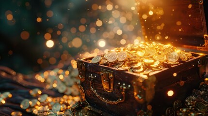 An open treasure chest overflowing with gold coins, illuminated by bokeh light