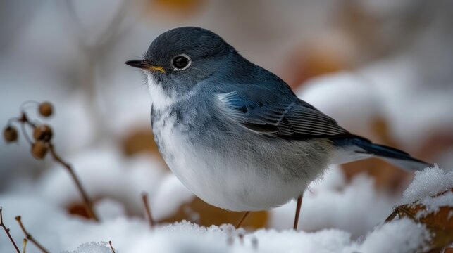 a small blue and white bird sitting on a branch of a tree covered in snow with berries in the foreground.