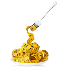 yellow sewing measuring tape wound onto a fork on a white isolated background. weight loss and diet...