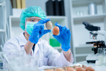 Scientist or nutritionist is holding eggs in and looking to test and check the quality of shell, concept of protein and nutrition research, livestock and farmhouse examining, biotechnology analyzing.