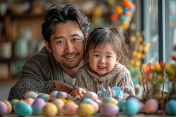 Fototapeta na wymiar Adult male and young girl engage in a delightful Easter egg coloring session, surrounded by richly hued eggs and soft light. Man with child basks in joyous moments of decorating eggs