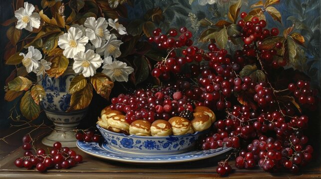 a painting of cherries and pastries in a blue and white bowl on a table next to a vase of flowers.