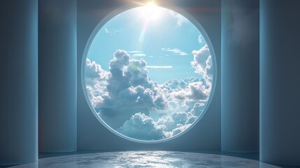 a round window with a view of the sky and clouds in the center of the window is a bright blue sky and there is a bright sun in the middle of the window.