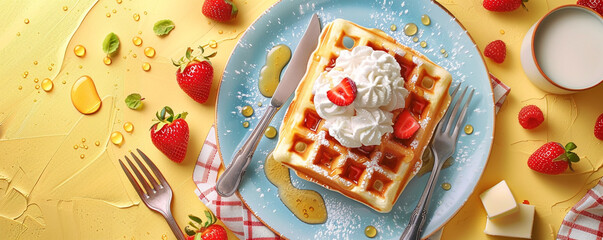 A plate of waffles with butter and maple syrup. Fresh strawberries and whipped cream on the side. A fork and a knife on a napkin. A cup of milk and a strawberry on a yellow background Top view space t