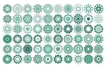 Collection of 60 floral geometric patterns mandala green concept isolated on white.