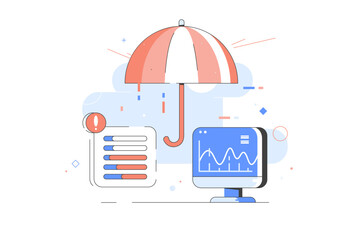 Cybersecurity. Protect data digital technology concept. Vector flat illustration of umbrella, computer. Design element for web