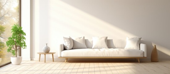 Fototapeta na wymiar A white couch is placed in a minimalist living room, positioned next to a window. Sunlight streams in through the window, illuminating the rooms wooden floor and large wall decor.