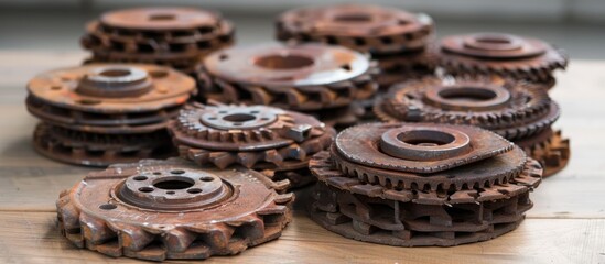 A group of gears of various sizes and shapes is neatly arranged on top of a wooden table. The gears are made of metal and show signs of wear and tear.