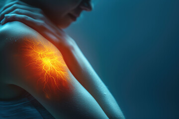 Woman with pain in shoulder, joint inflammation, health problems concept - 748171797