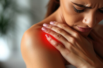 Woman with pain in shoulder at home, joint inflammation, health problems concept - 748171941