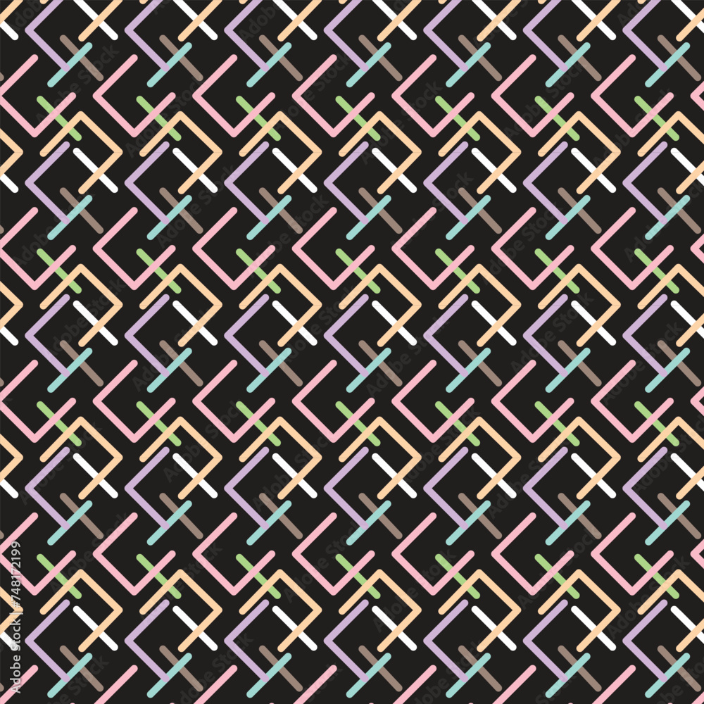 Wall mural Abstract geometric seamless pattern with colorful lines on dark background.