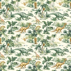 Fototapeten A seamless pattern showcasing various dinosaurs in a jungle setting © yganko