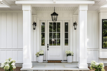 A front door detail of a white modern farmhouse with a white front door, black light fixtures, and a covered porch.