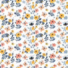 A seamless pattern filled with blooming flowers, buzzing bees, and fluttering butterflies